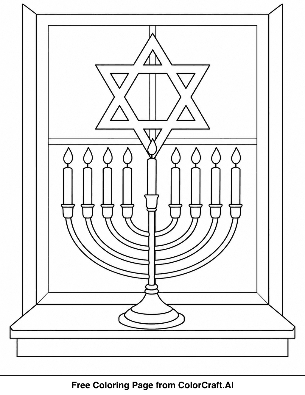 Line drawing of a menorah with nine lit candles on a windowsill, Star of David in the background.