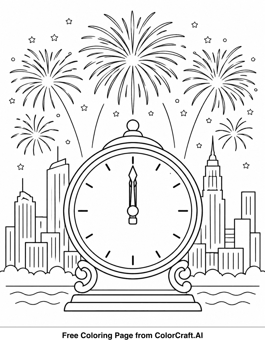 Line drawing of a city skyline at night with fireworks exploding above and a clock showing midnight.