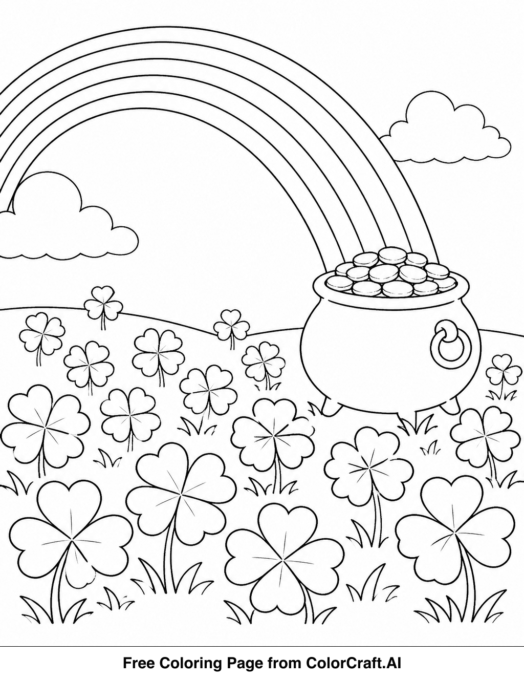 Line drawing of a St. Patrick's Day scene with a field of four-leaf clovers and a pot of gold under a rainbow.