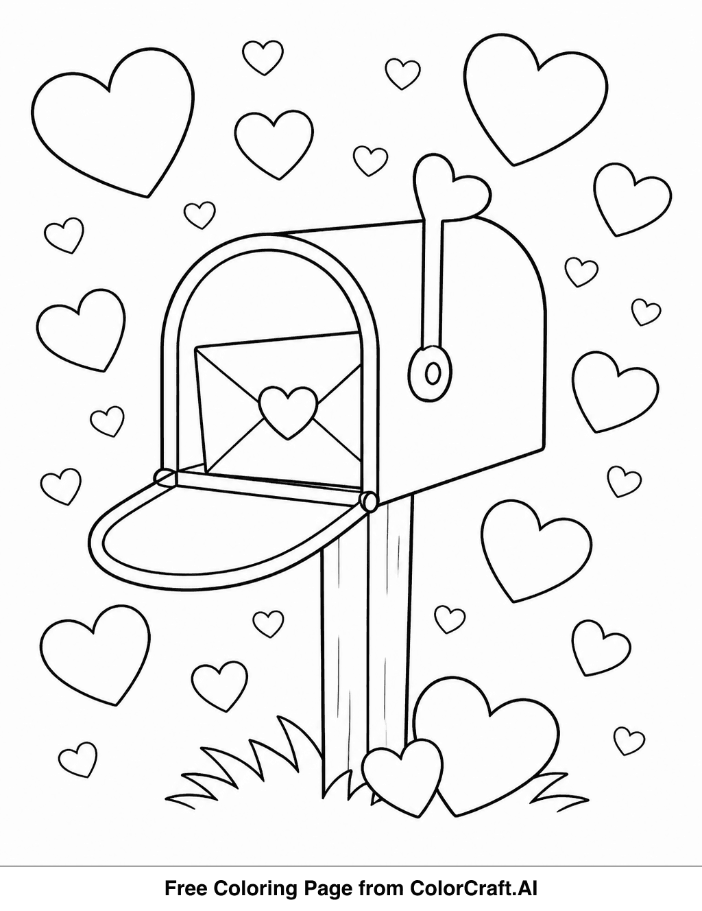 Line drawing of a mailbox with many different sized hearts floating around it, perfect for coloring.