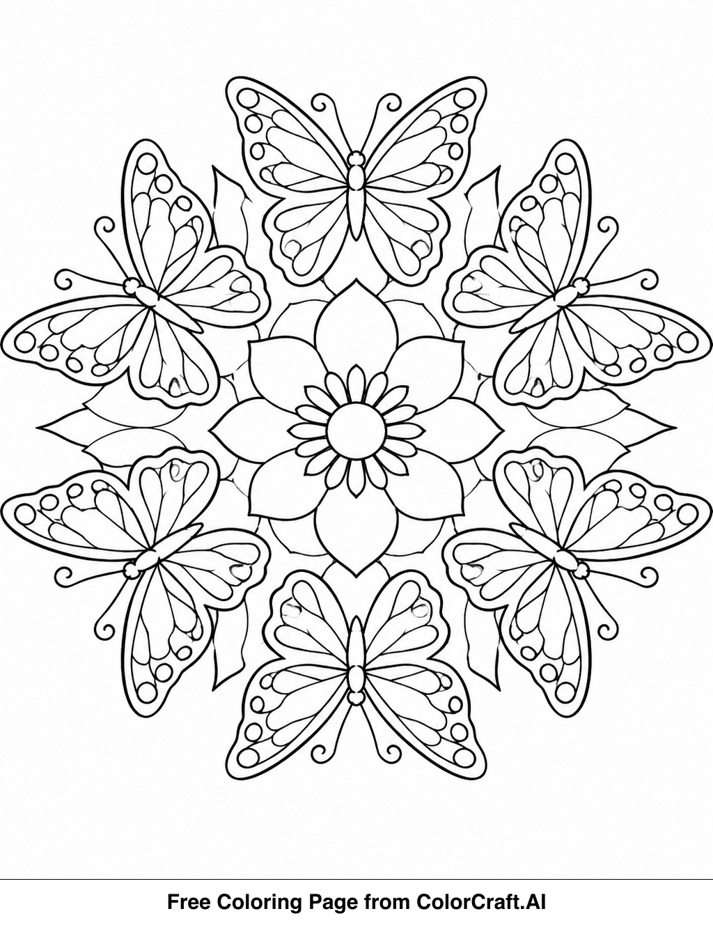 Line drawing of a mandala with eight butterflies surrounding a central flower, ready for coloring.