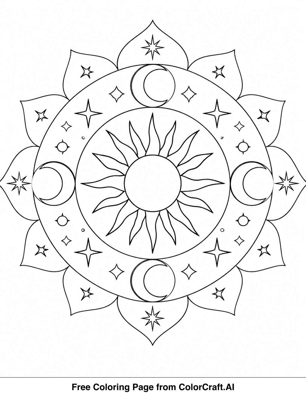 Line drawing of a celestial mandala with sun rays, moons, and stars in a symmetrical pattern.
