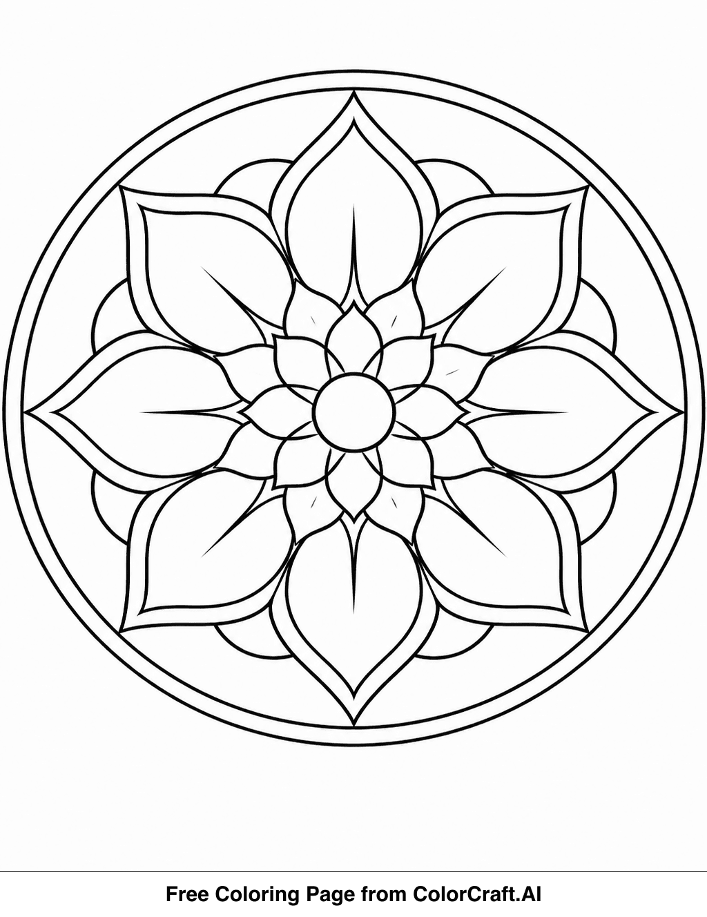 Line art drawing of a circular mandala with eight lotus petals and a central flower, ready for coloring.