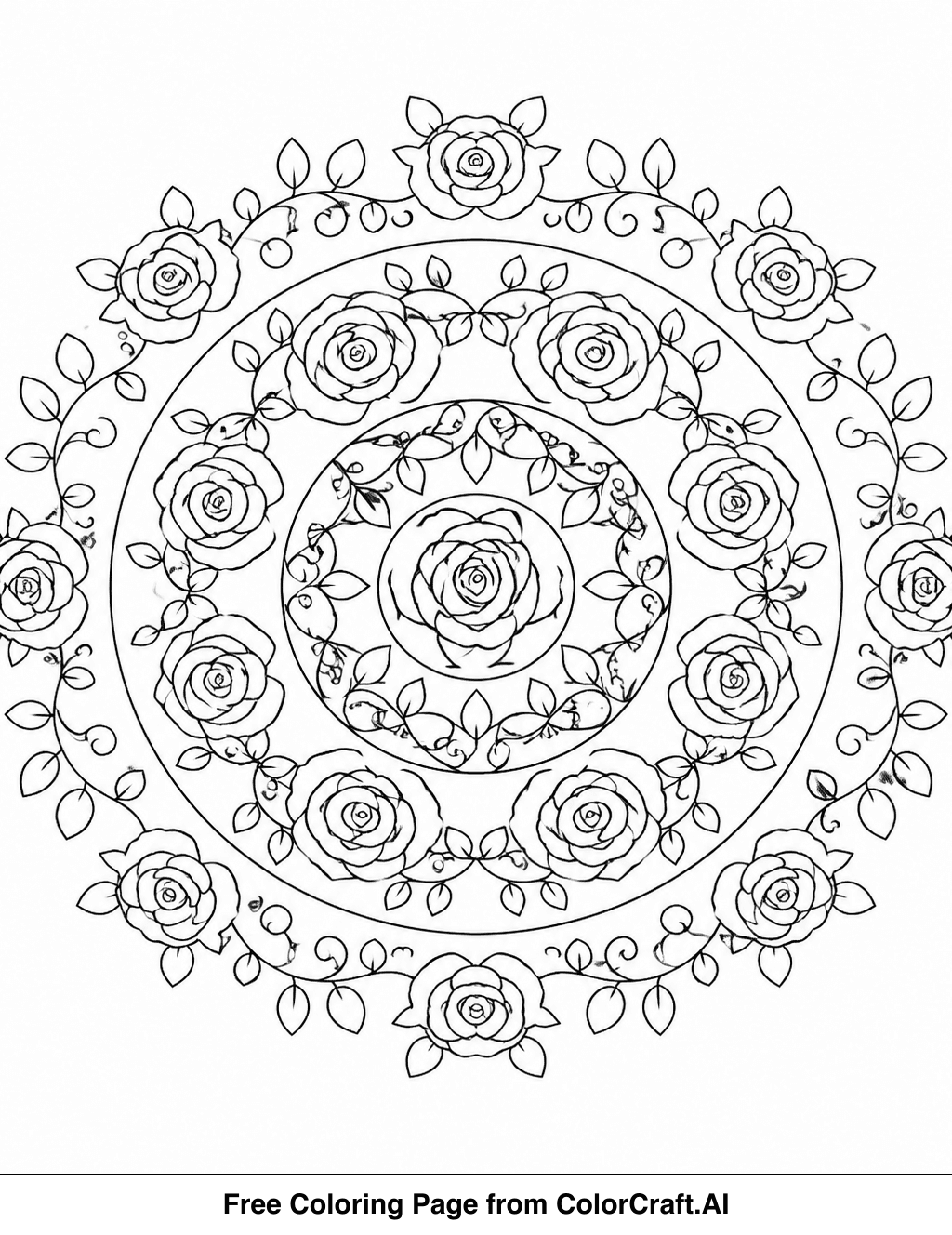 Line drawing of a floral mandala with roses and vines in concentric circles for coloring.
