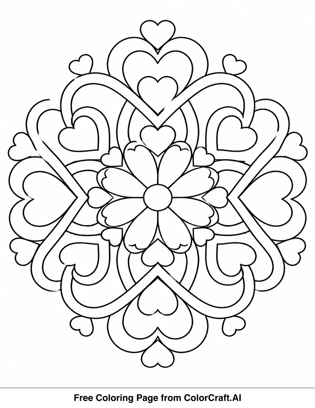 Line drawing of a mandala with a flower in the center and many hearts forming the design.