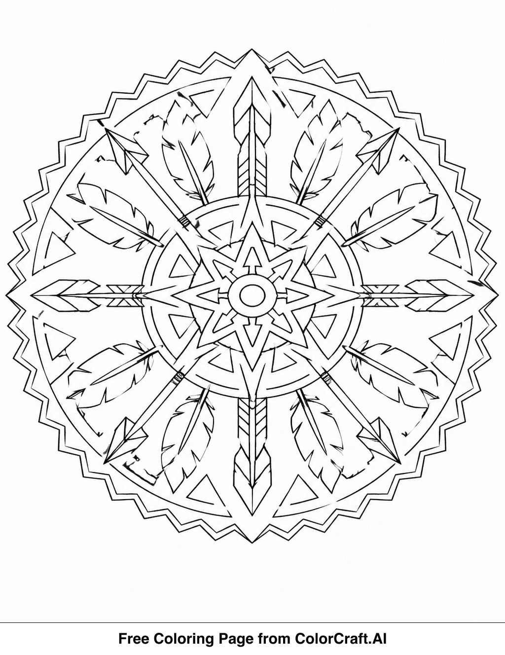 Tribal inspired mandala line drawing with arrow shapes, feather elements, and zigzag patterns, ready to be colored.