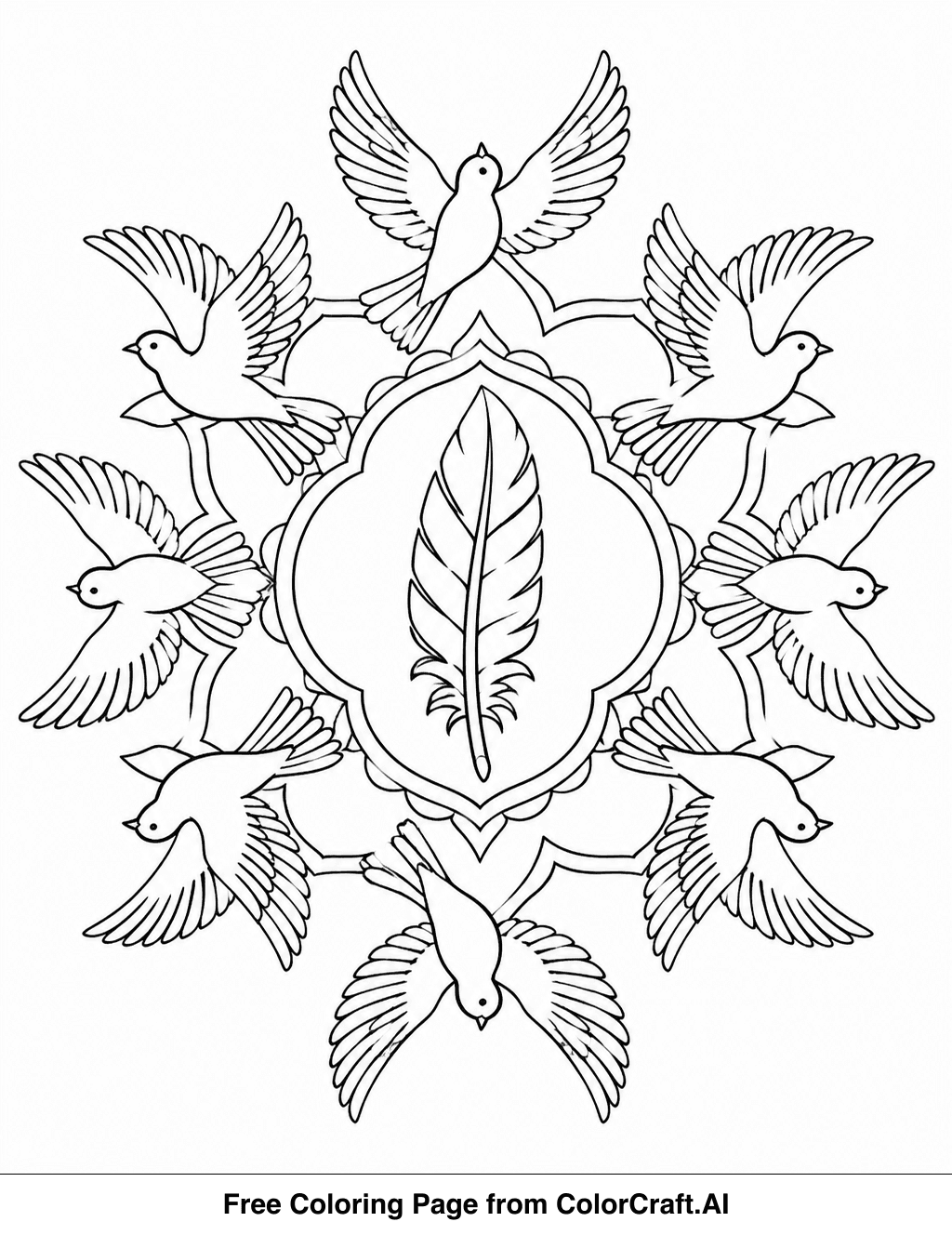 Line drawing of a mandala with eight birds flying in a circle around a central feather.