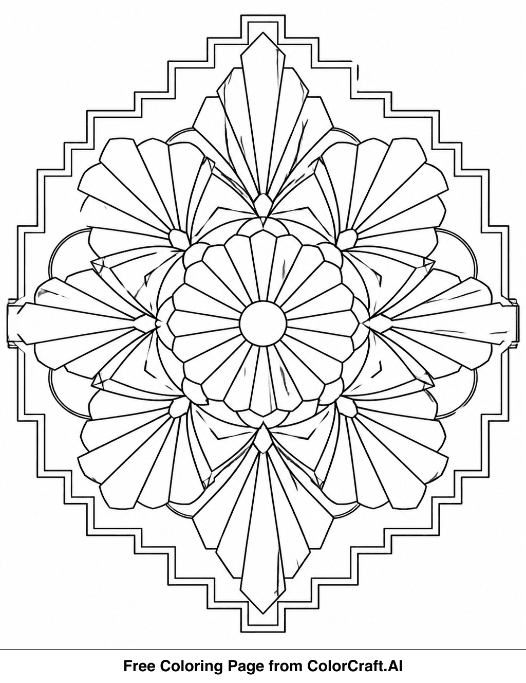 Line drawing of an Art Deco mandala with repeating fan shapes and stepped geometric borders.