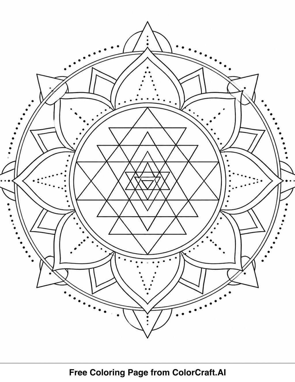Intricate geometric mandala coloring page with overlapping triangles and dotted line patterns for adults.