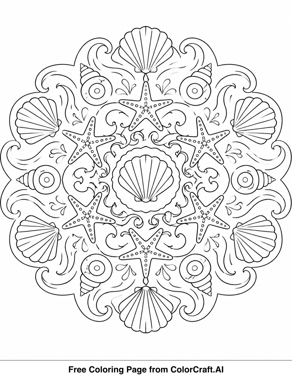 Line drawing of an ocean-themed mandala with seashells, starfish, and wave patterns arranged in a circle.