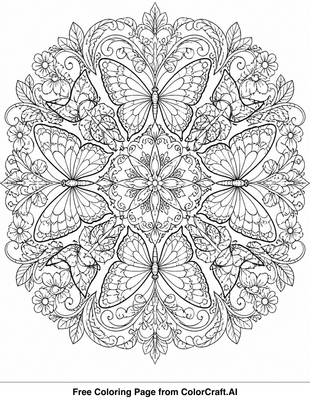 Intricate line drawing of a butterfly kaleidoscope mandala, perfect for detailed coloring.