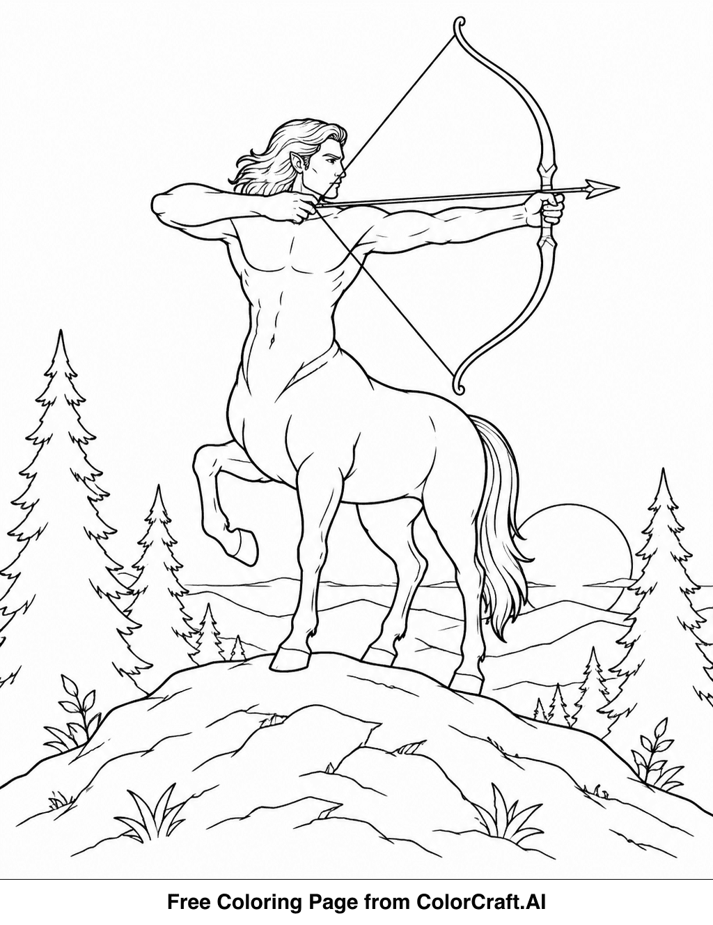 Line drawing of a mythical centaur archer holding a drawn bow on a hilltop at sunset.