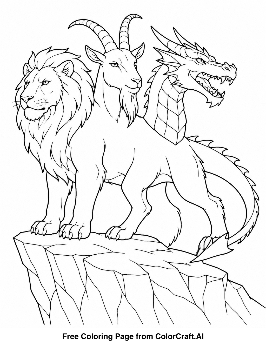 Line drawing of a mythical chimera with three heads on a rocky cliff, ready to be colored.