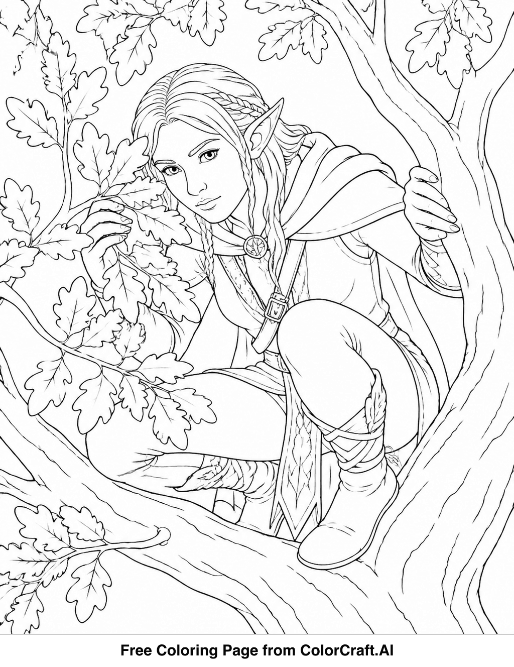 Line drawing of a forest elf hiding in the branches of an oak tree, looking through the foliage.
