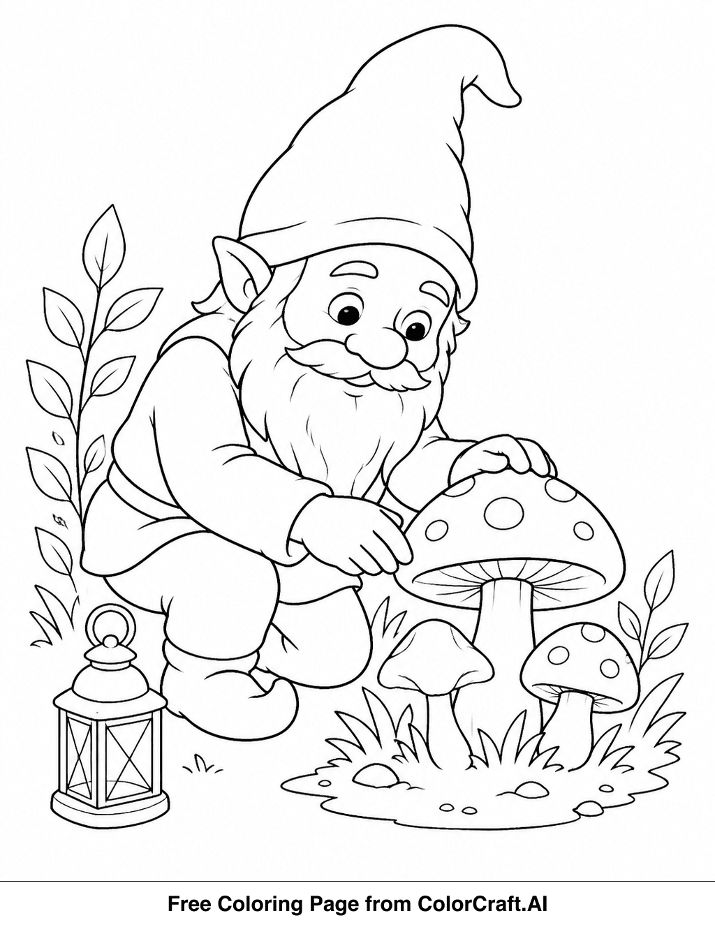 Line drawing of a happy gnome character tending to mushrooms in a forest clearing with a lantern.