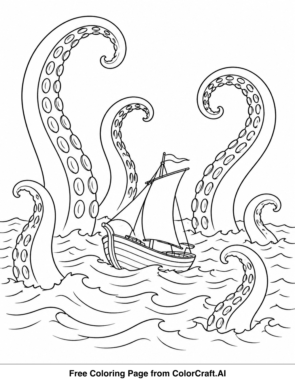 Line drawing of a large kraken's tentacles surrounding a tiny sailboat in the ocean waves.