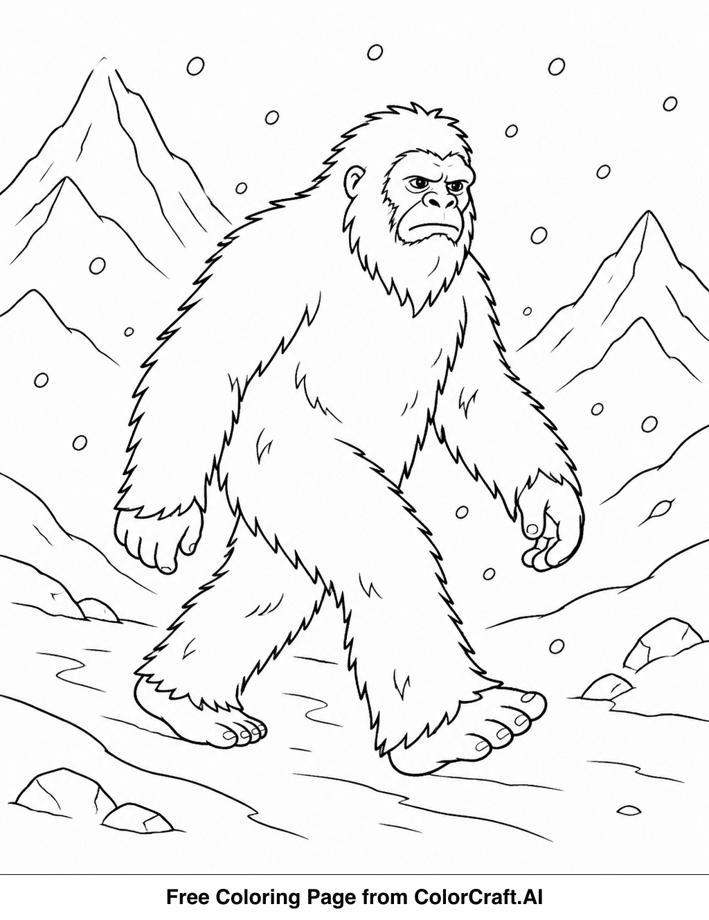 Line drawing of a large, furry yeti walking across a snowy mountain landscape with a light flurry of snow.