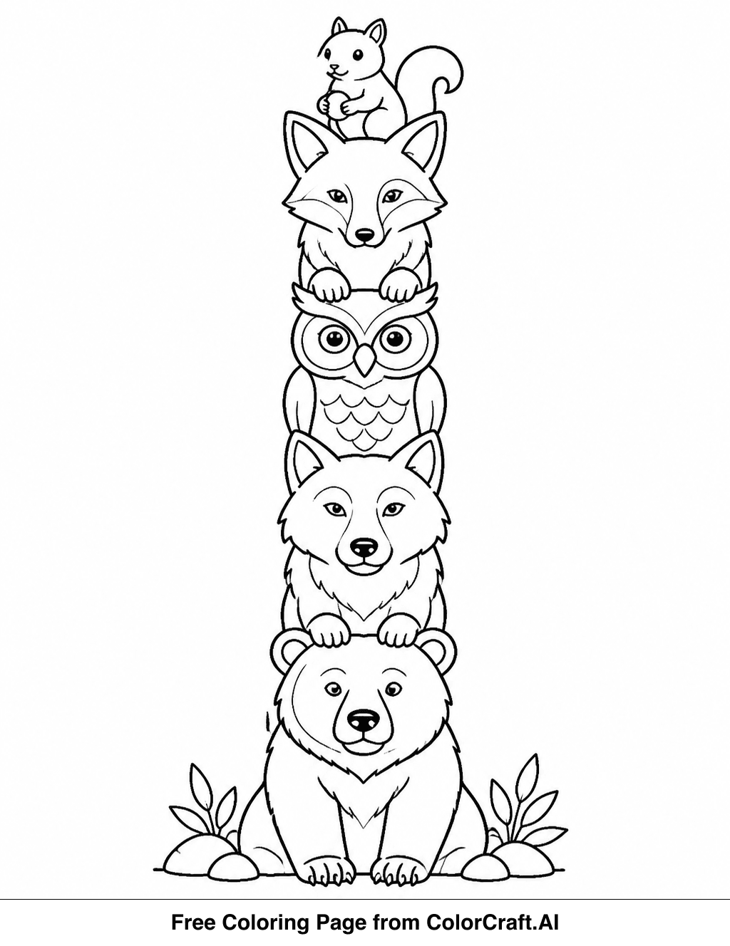 Line drawing of a tall totem pole featuring carved forest animals stacked vertically.