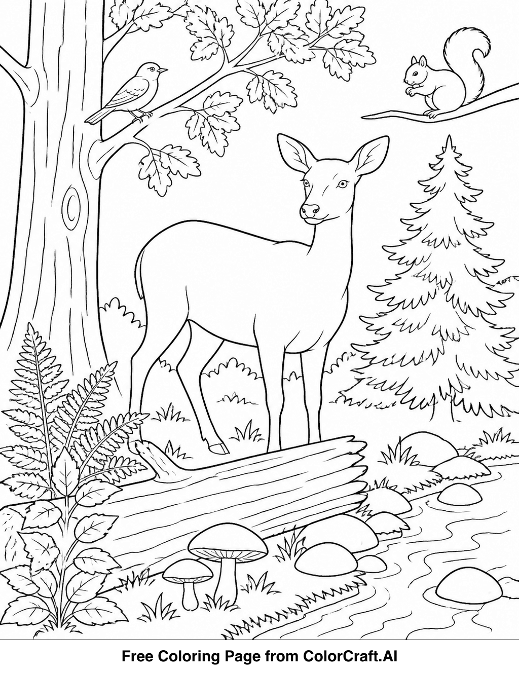 Line drawing of a detailed forest ecosystem with trees, plants, mushrooms, and small animals.