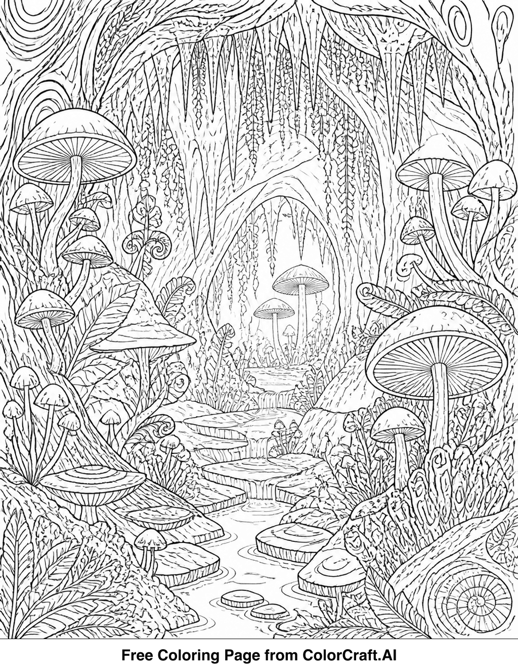 Intricate line drawing of a cave interior with bioluminescent fungi and rock textures.