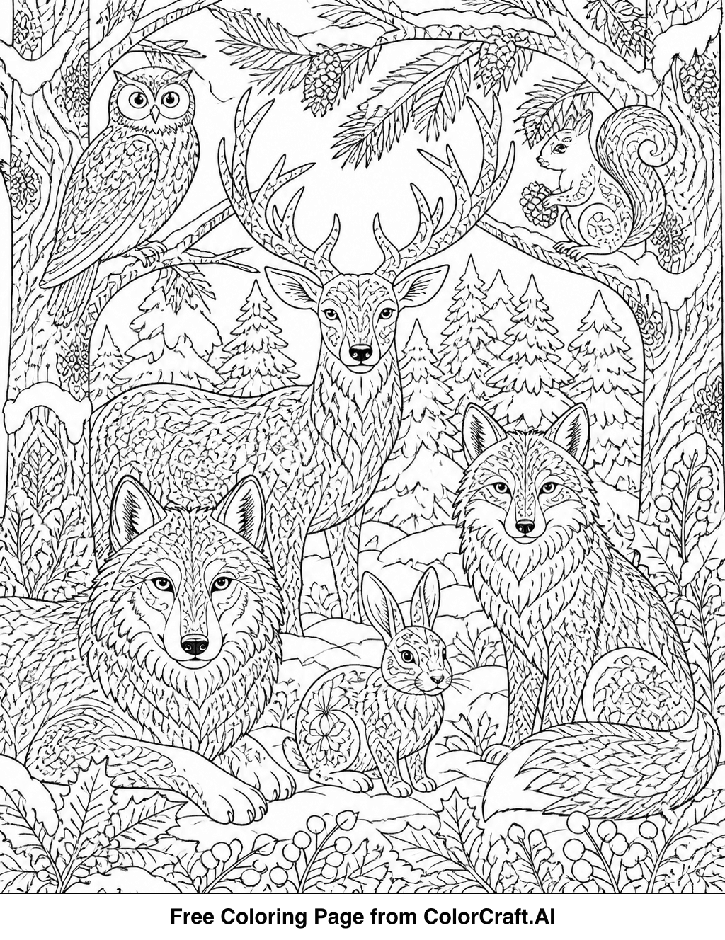 Intricate line drawing of forest animals like a deer, fox, and rabbit in a snowy woodland setting.