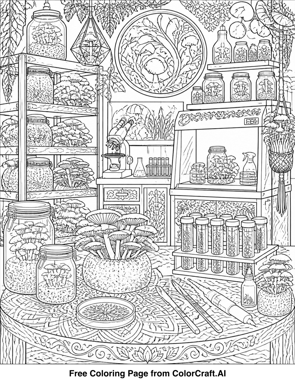 Intricate line drawing of a mushroom cultivation lab with shelves, jars, and growing fungi.