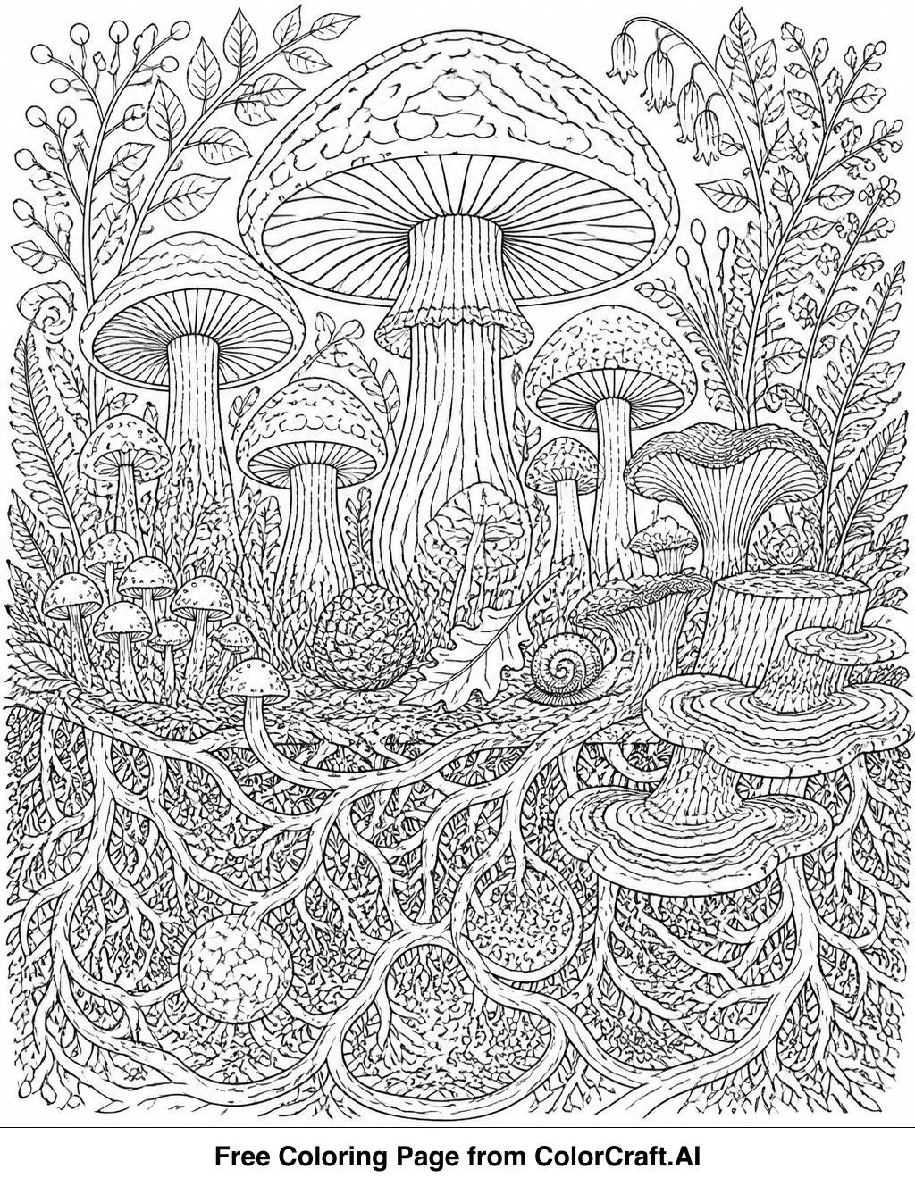 Intricate line drawing of a forest floor with diverse mushrooms, moss, and small insects.