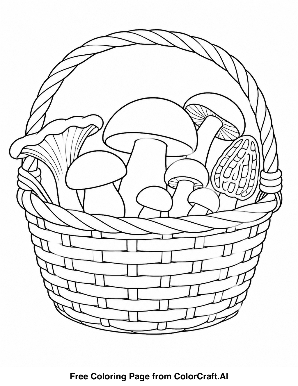Line drawing of a basket filled with different types of mushrooms, perfect for a nature-themed coloring page.