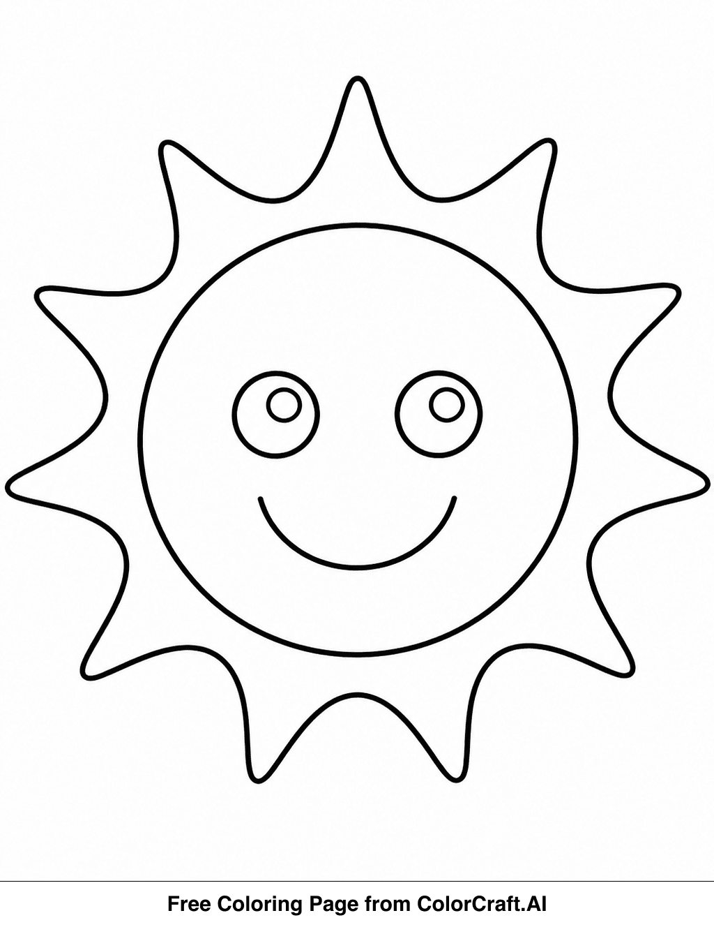 Line drawing of a happy, smiling sun with rays extending outwards, perfect for coloring.