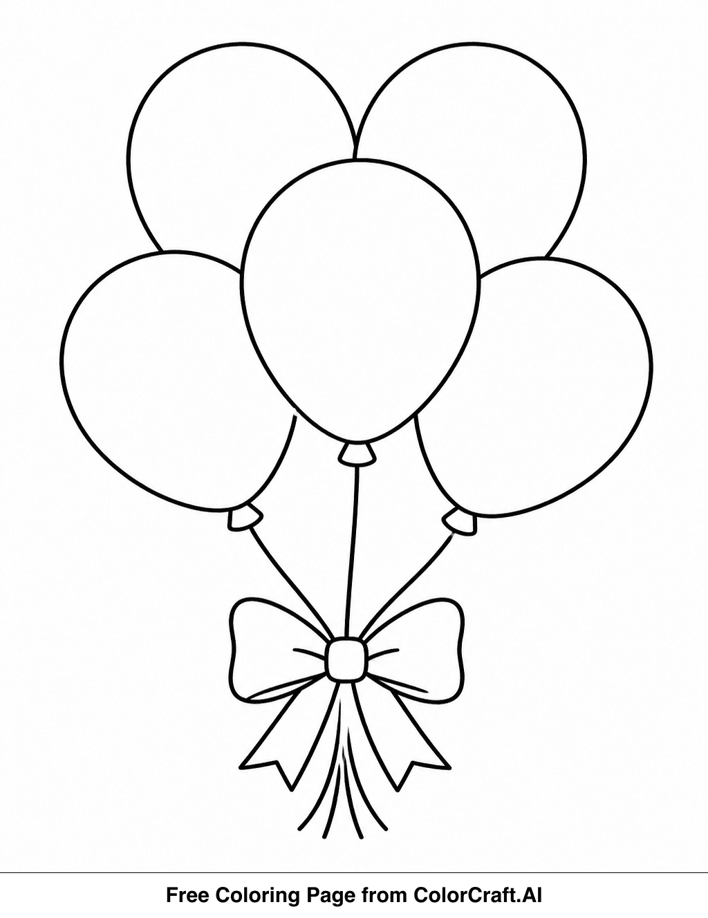Line drawing of a bunch of simple celebration balloons floating upwards, perfect for coloring.