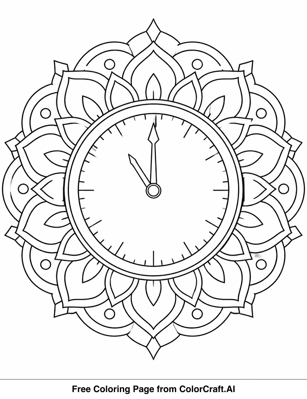 Line drawing of a mandala shaped like a clock, with numbers and decorative elements for New Year's Eve.
