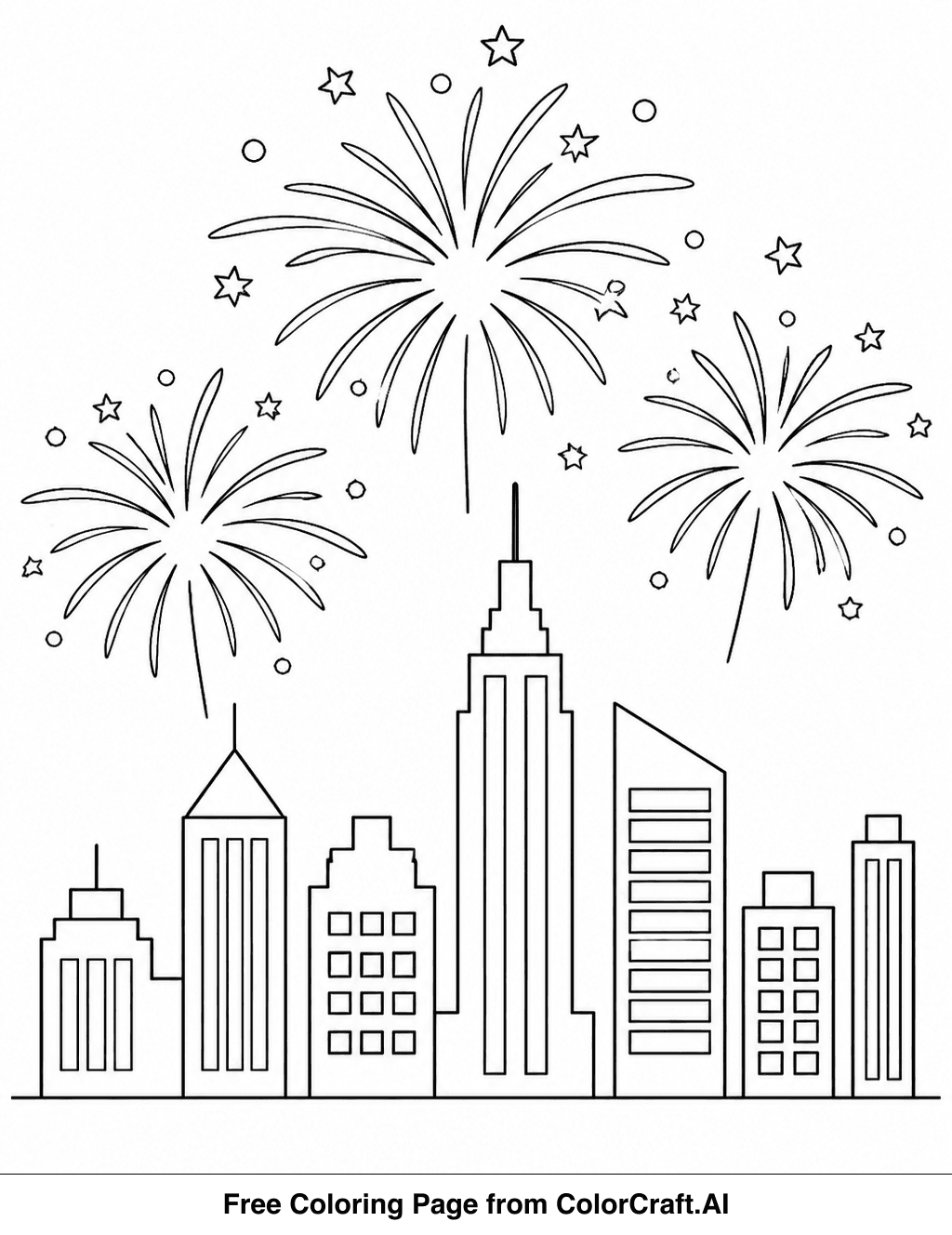 Line drawing of a city skyline with various shapes of fireworks exploding above the buildings.