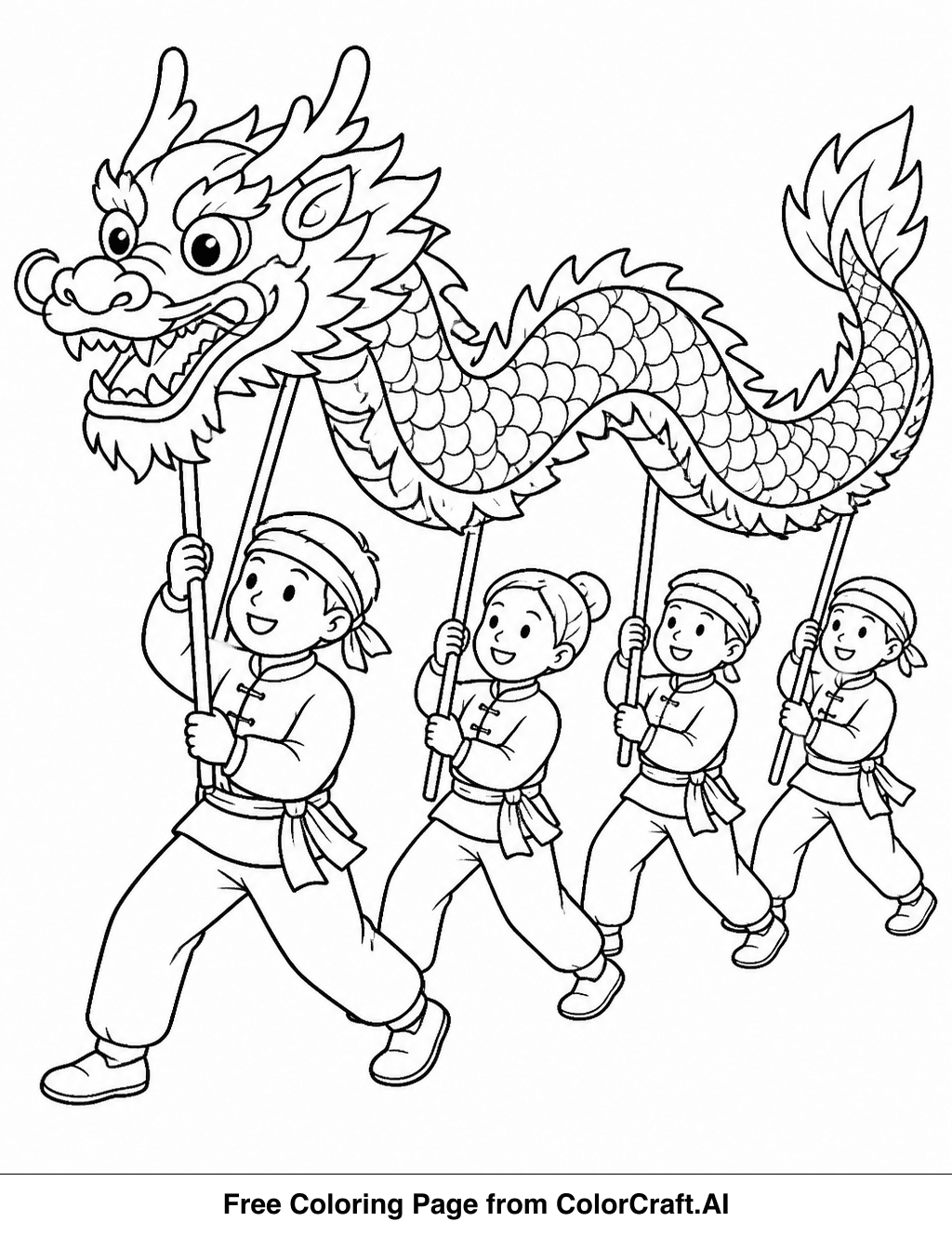 Line drawing of a long dragon with many people holding it up, dancing in a celebration.
