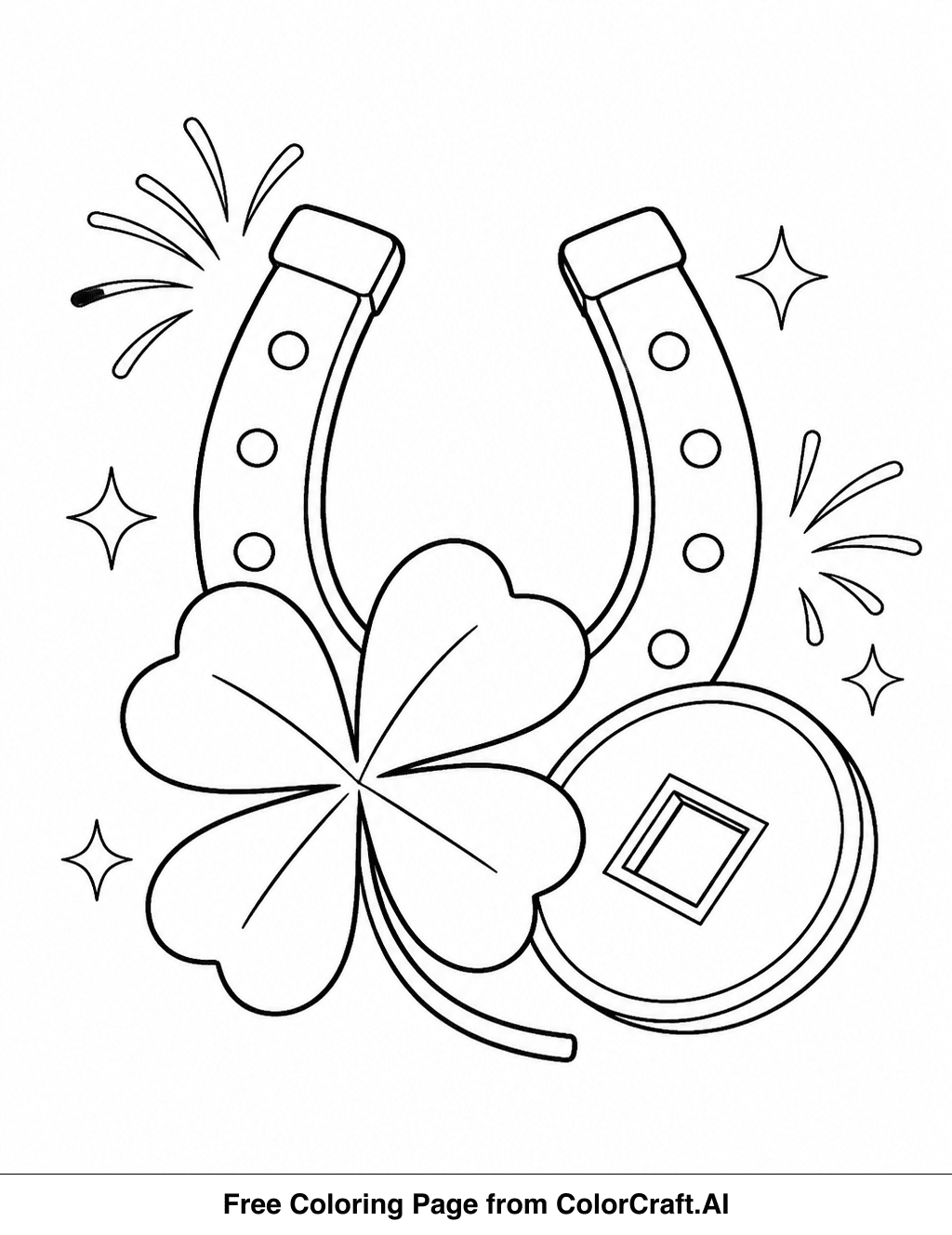 Line drawing of various New Year lucky symbols including fireworks, shamrocks, and other festive icons for coloring.