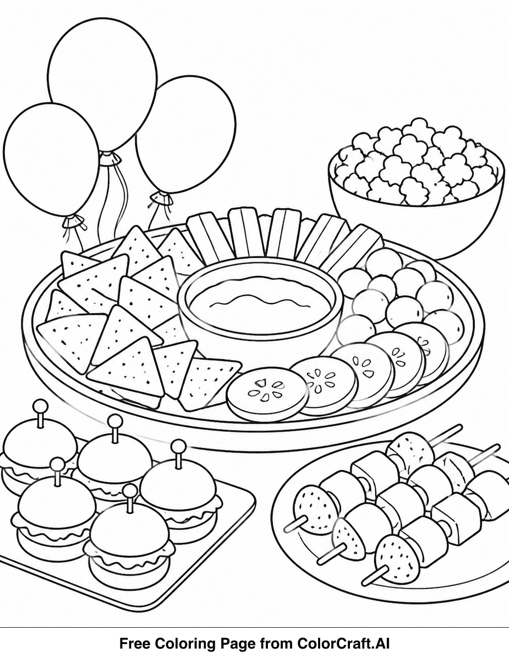 Line drawing of a New Year's party food spread with various dishes and drinks on a table.