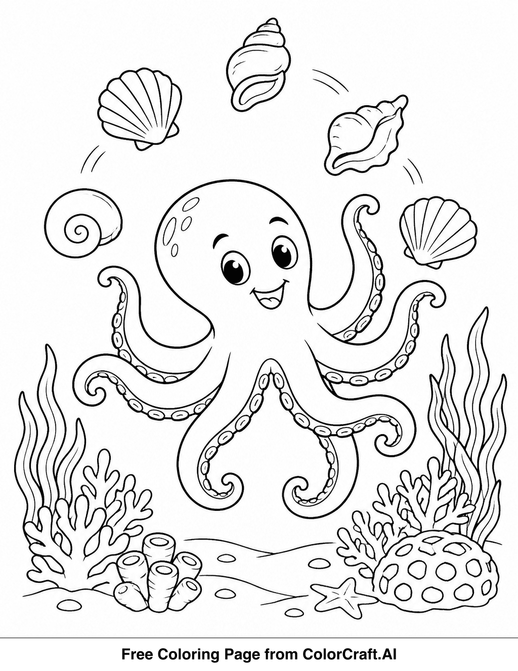 Line drawing of a friendly octopus juggling shells in a garden of coral and sea plants.