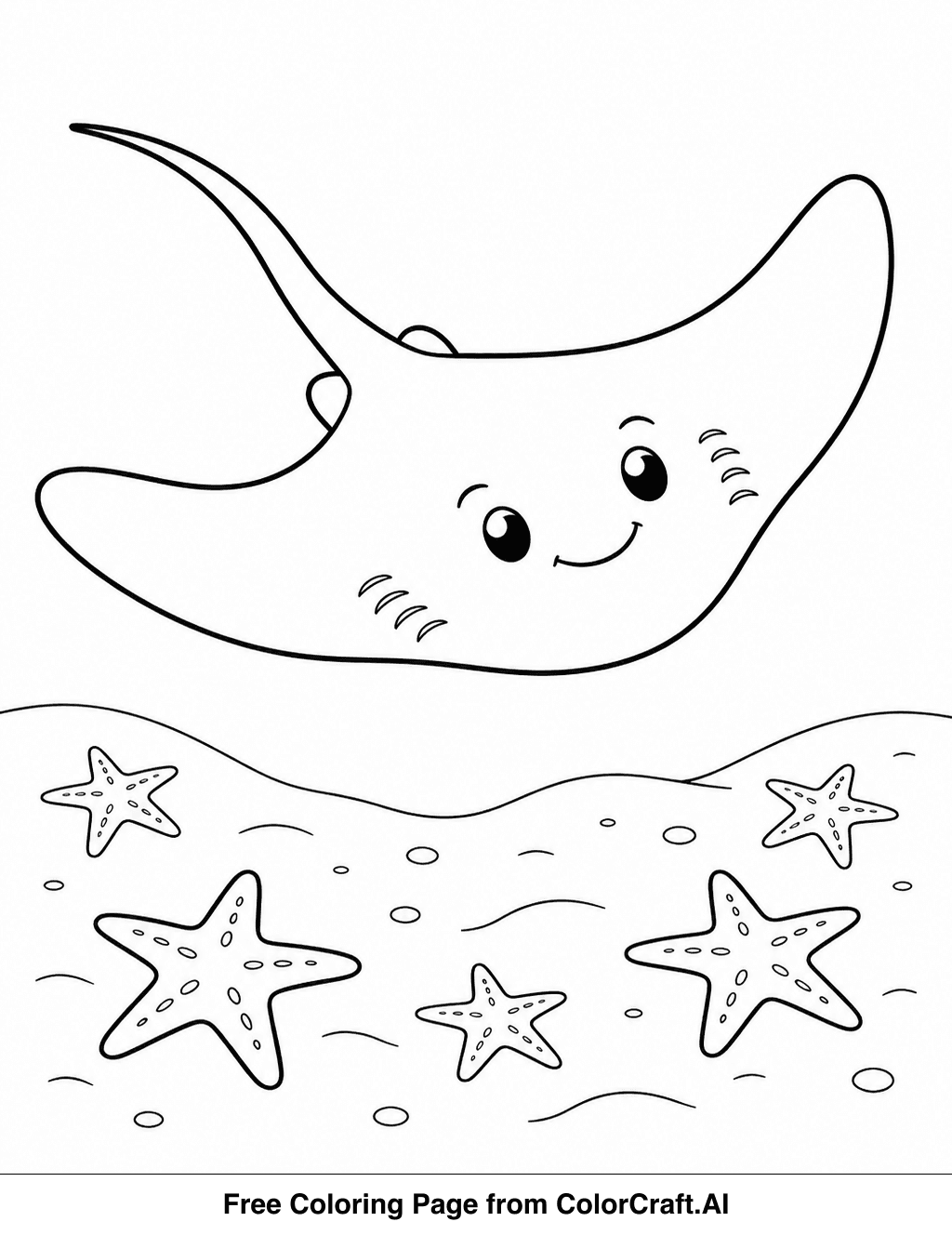 Line drawing of a friendly stingray swimming over a sandy ocean floor with starfish.