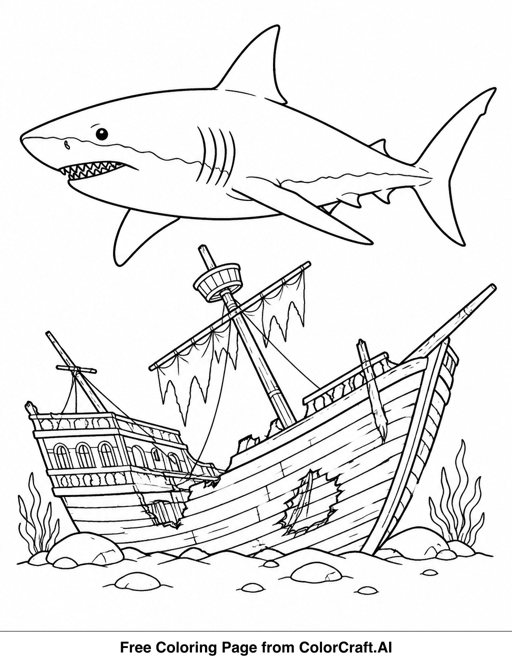 Line drawing of a large shark swimming above a detailed pirate shipwreck on the ocean floor.