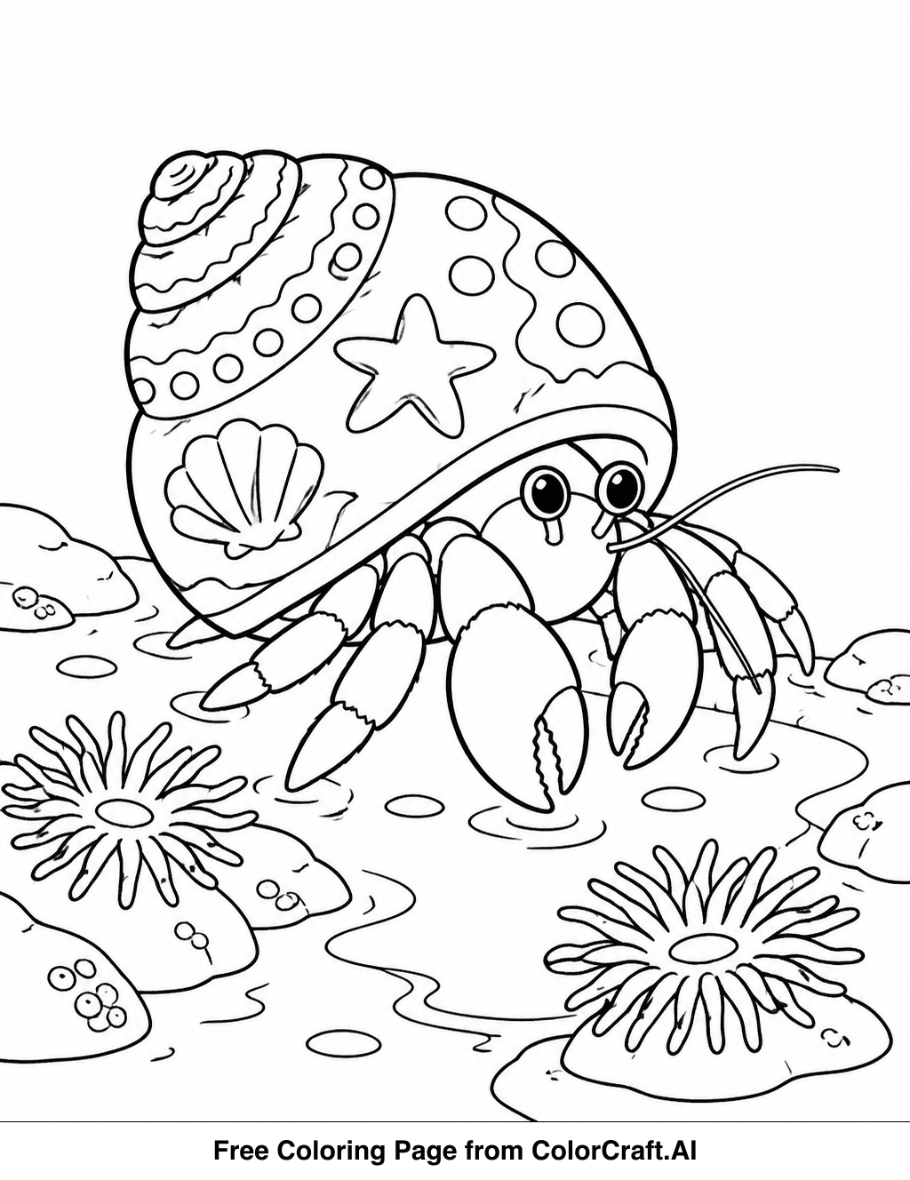 Line drawing of a hermit crab with a decorated shell walking in a tide pool with sea anemones.
