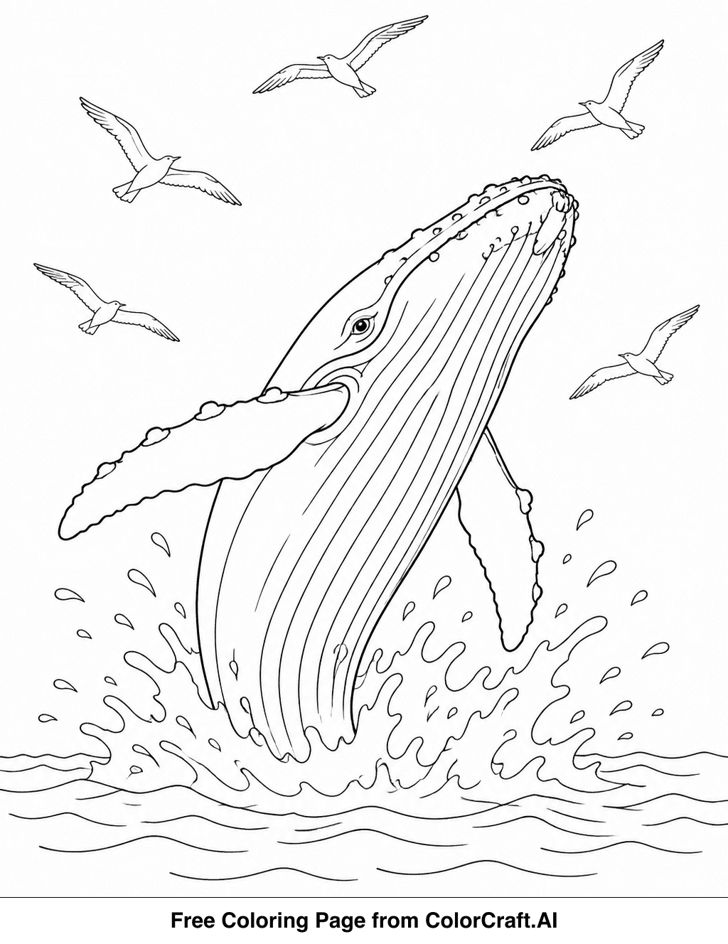 Line drawing of a large humpback whale breaching from the sea, with birds flying overhead.