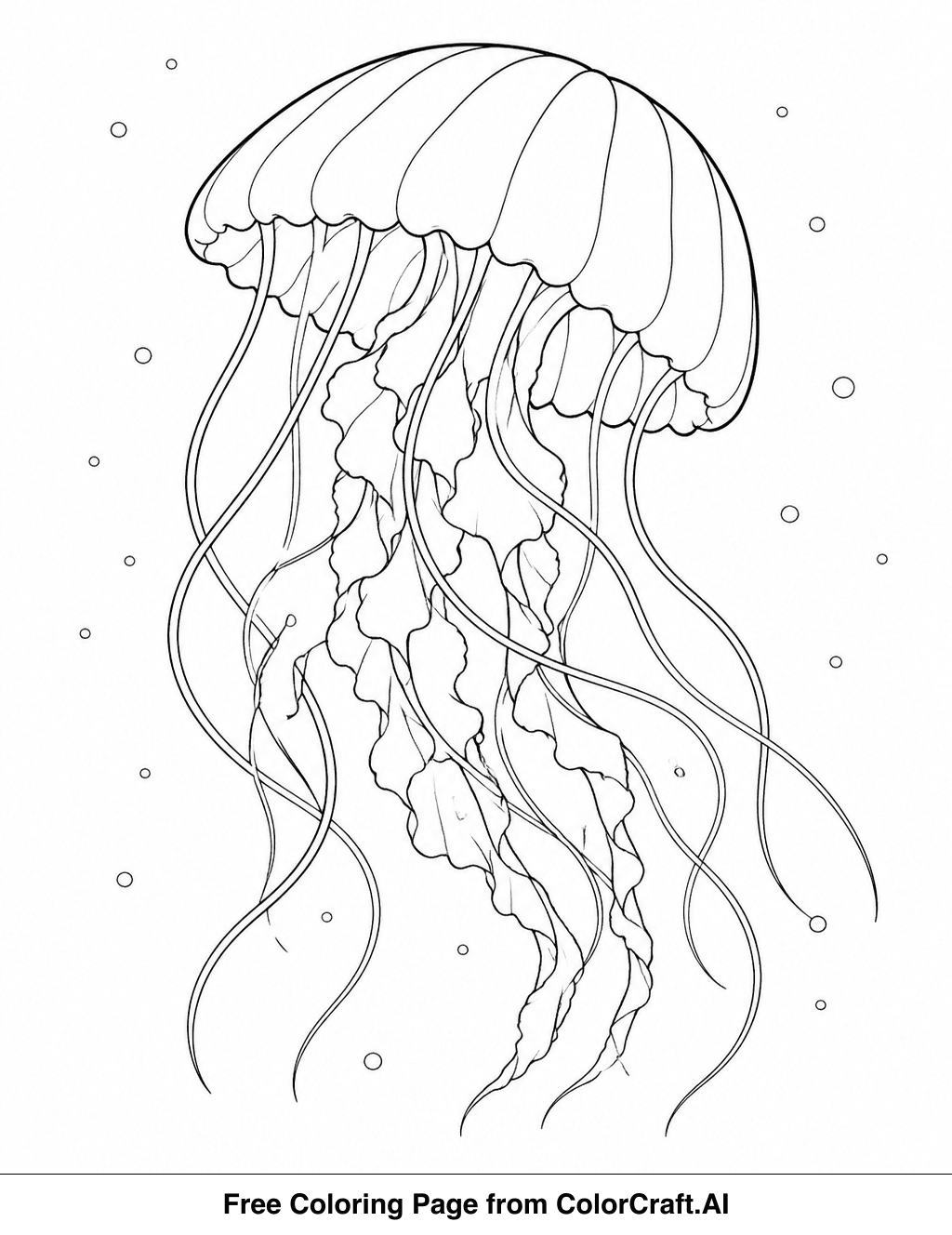 Line drawing of a large group of jellyfish floating in dark ocean water with small light orbs around them.