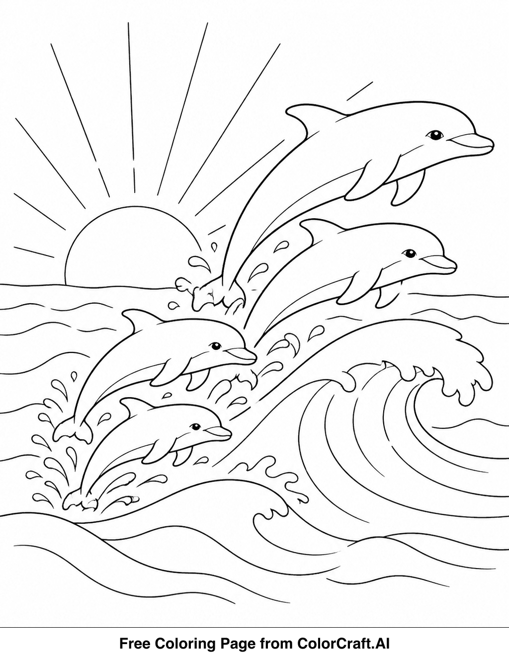 Line drawing of a pod of dolphins leaping and playing in ocean waves during a sunrise.