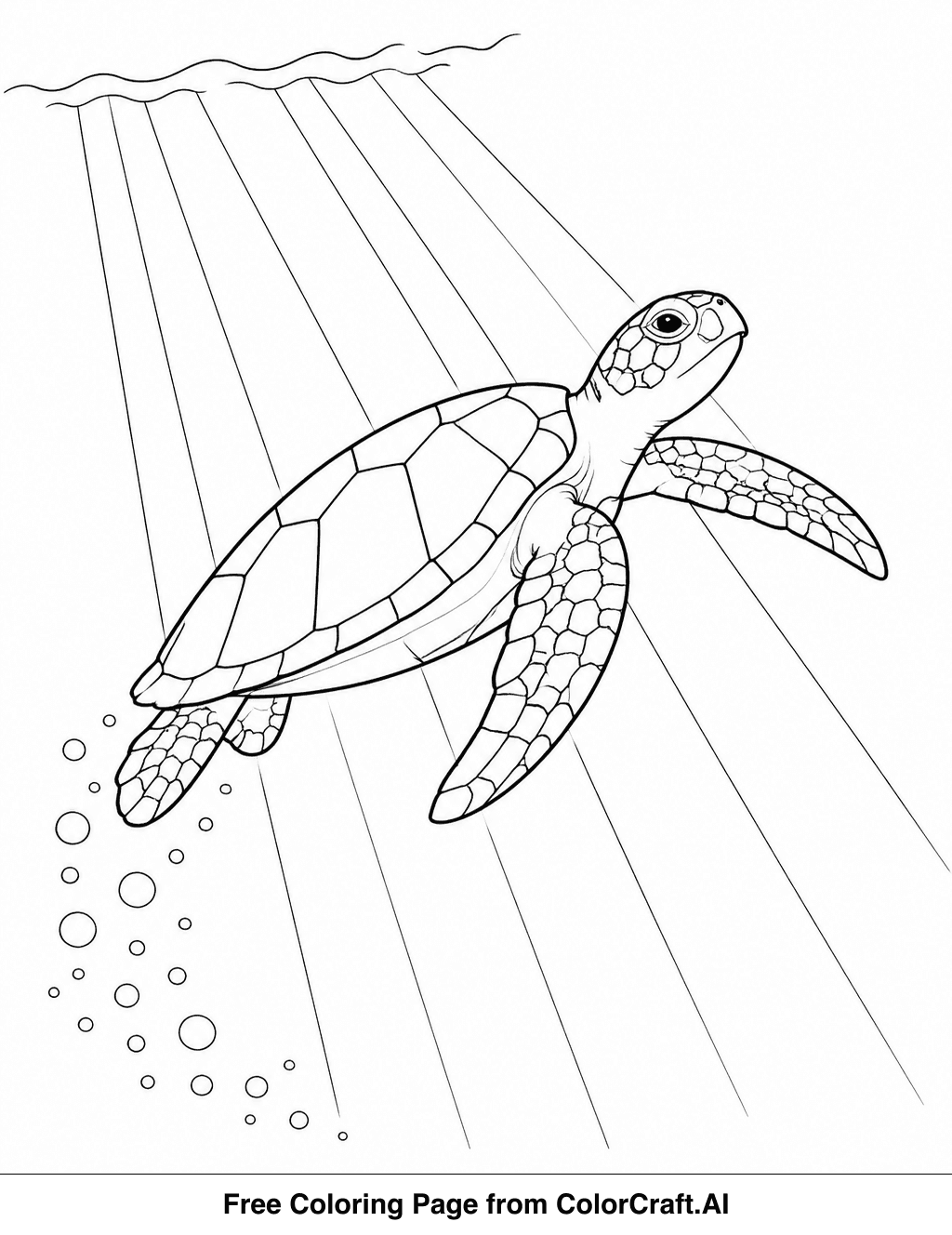 Line drawing of a sea turtle swimming upwards through a sunbeam with small bubbles floating around it.