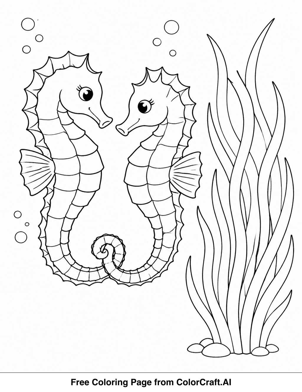 Line drawing of two seahorses holding tails, surrounded by aquatic plants, for a coloring activity.