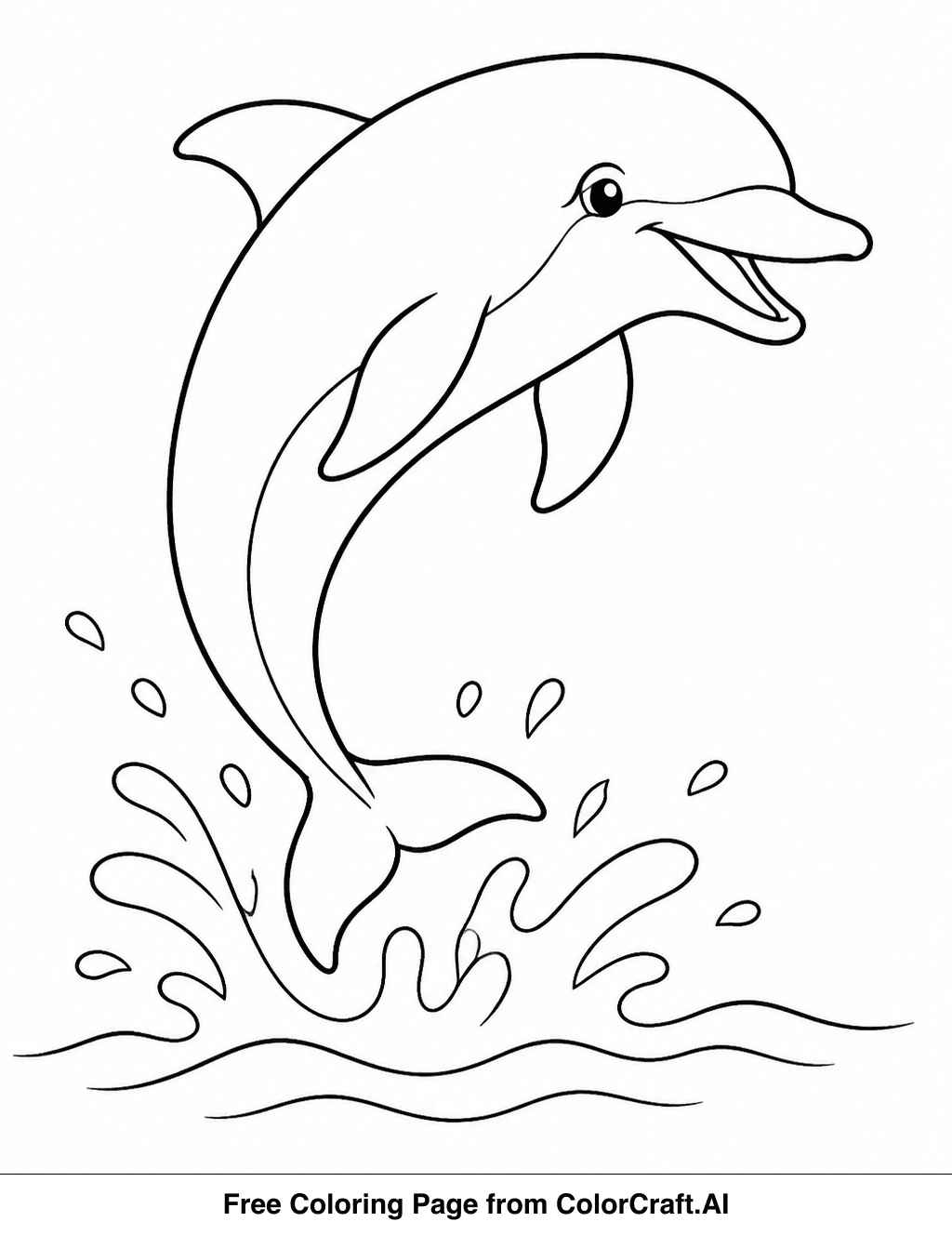 Line drawing of a dolphin leaping high out of stylized ocean waves, ready to be colored.
