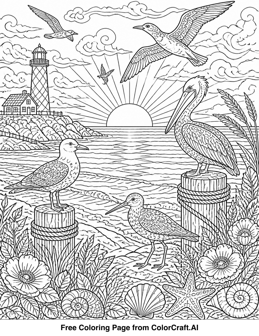 Intricate line drawing of seabirds perched on a coastal landscape during sunset.
