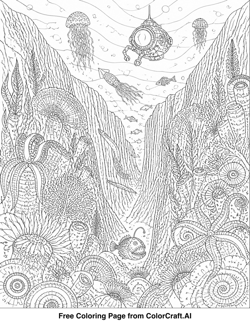 Intricate line drawing of a deep ocean trench with unique marine life and rock formations.