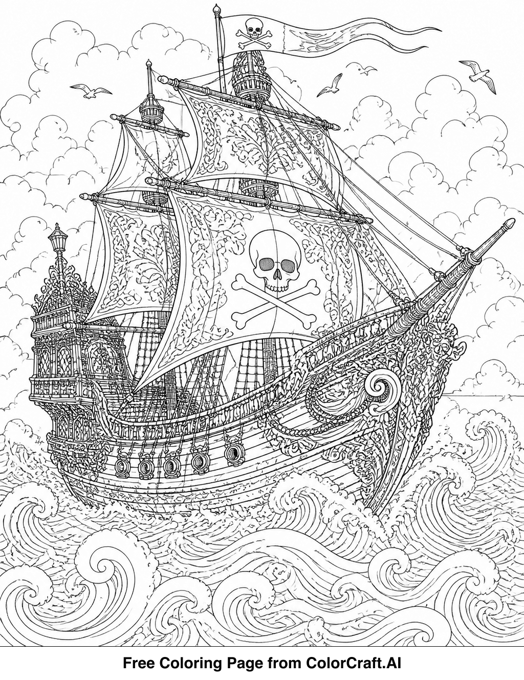 Intricate line drawing of a pirate ship with sails unfurled, sailing on the open sea.
