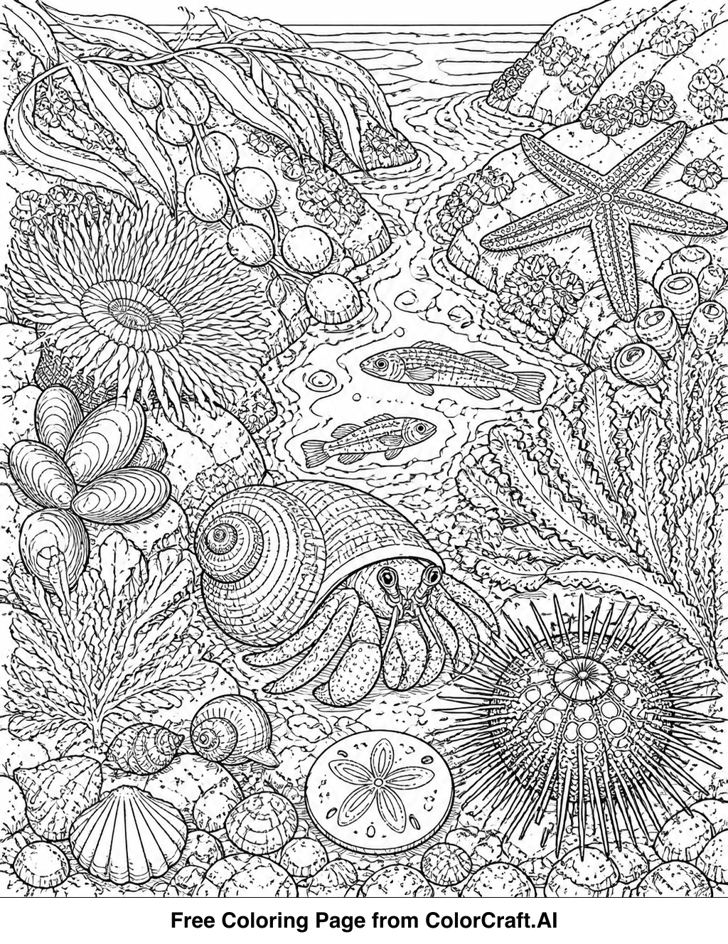Intricate line drawing of a tide pool ecosystem with various sea creatures and plants.