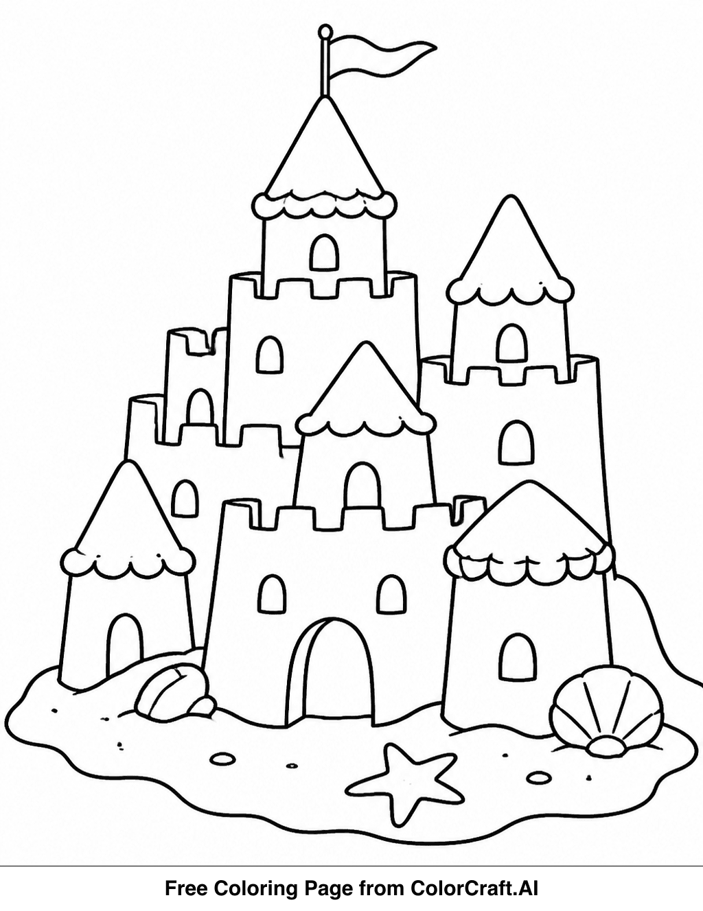 Line drawing of a detailed sandcastle village with various towers and walls, ready for coloring.
